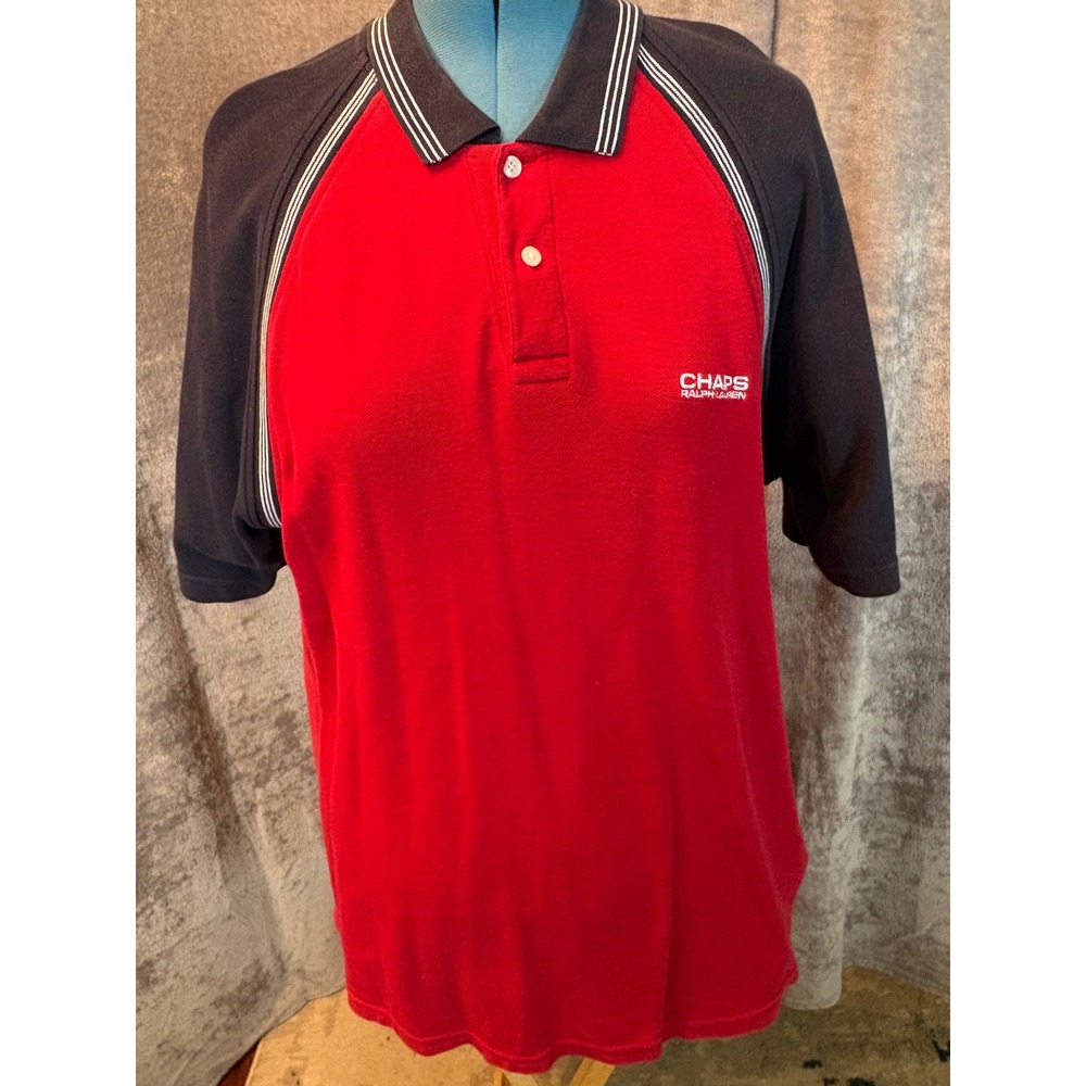 Chaps Ralph Lauren Mens XL Red Navy Colorblock Raglan Stripe Polo Shirt Cotton